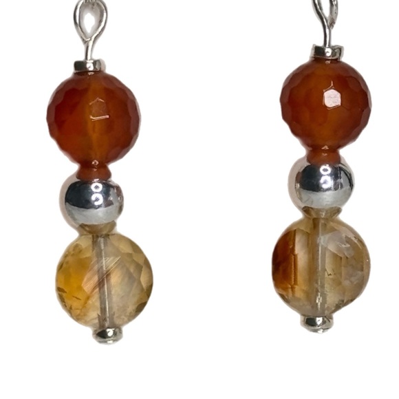 Citrine Coin (AA) and Carnelian 8mm Faceted Beads Earhook Earrings Silver Plate - Picture 3 of 4
